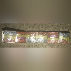 Vintage Bracelet Panel Rainbow Filigree Geometric Picture Square Stretch Lacquer